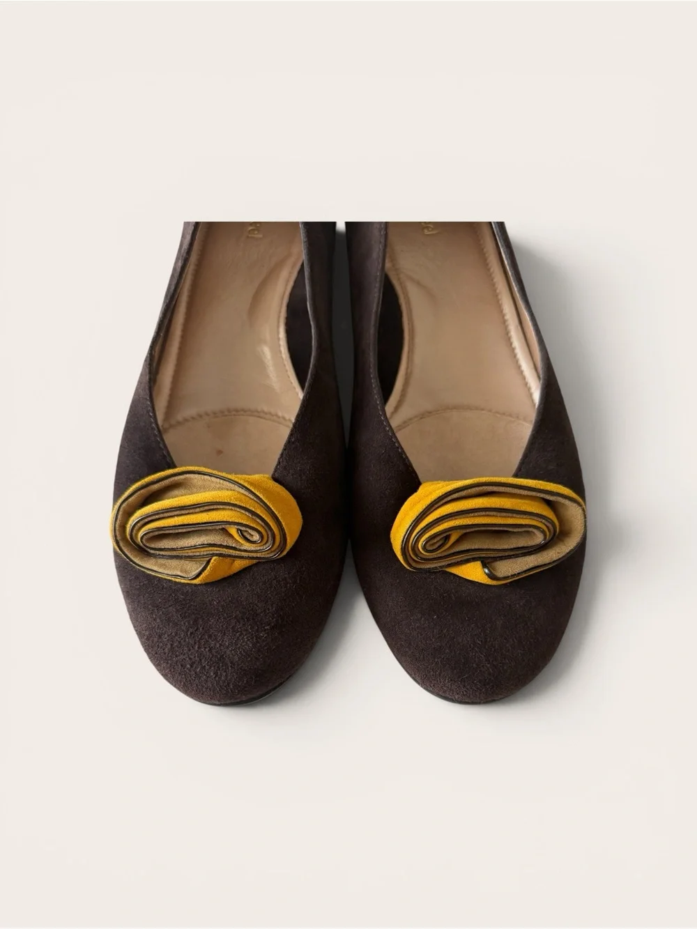BeautiFeel Dark Brown Suede Flats with Yellow Rosette Accent